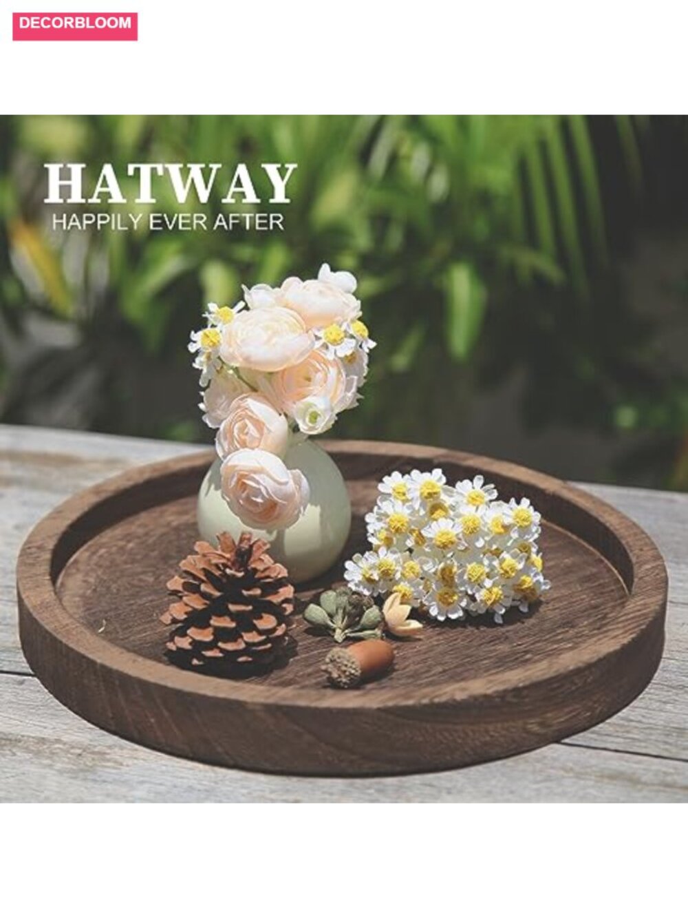 Round Wooden Decorative Tray Candle Holder Rustic Distressed Paulownia Wood - Picture 5 of 6